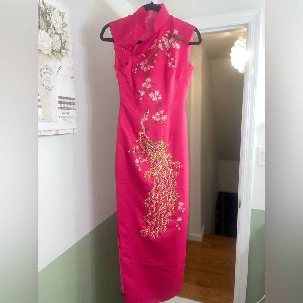 Qipao hot pink with embellishments and embroidery peacock design